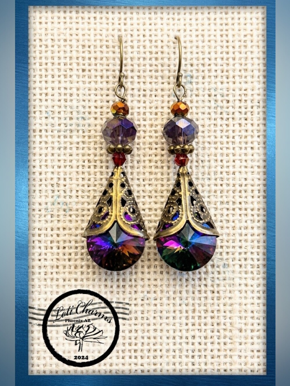 Victorian Volcano & Dark AB Crystal Filigree Drop Earrings In Brass